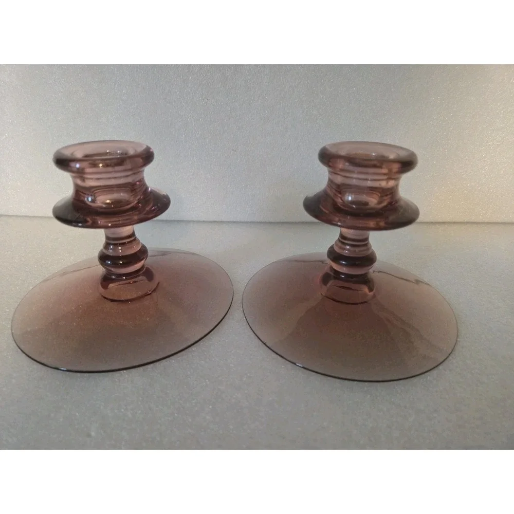 Vtg Purple Manganese Glass Tapper Candle Holders‎ Set UV Light Fostoria Orchid
